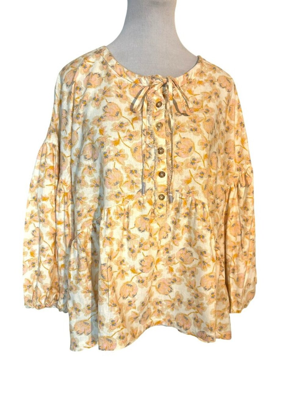 Free People We The Free Highlander Floral Printed Linen-Blend Top Size Large